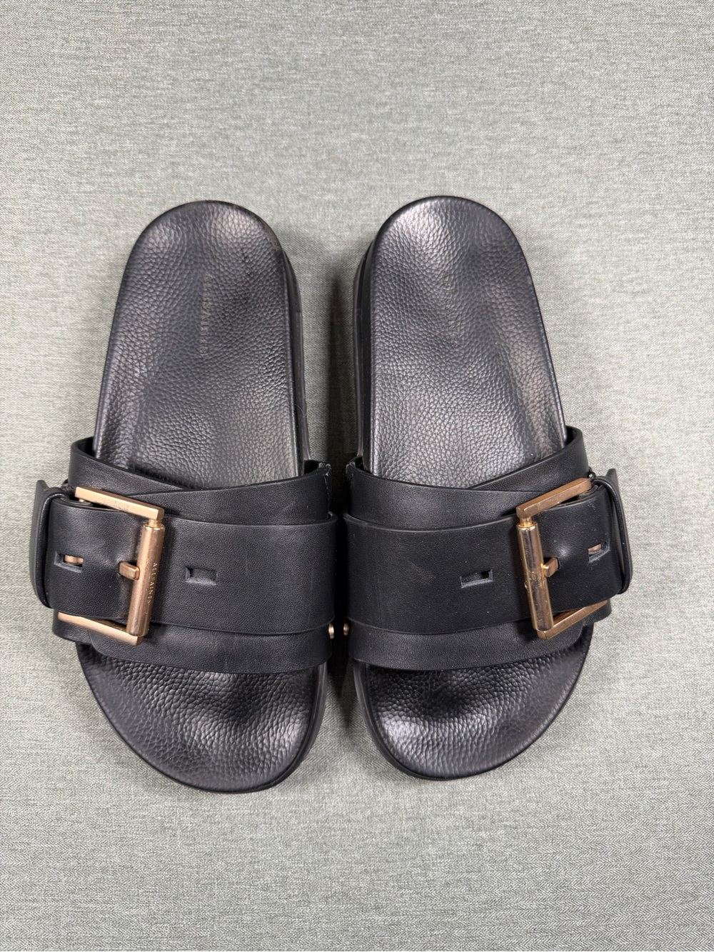All Saints Black Slide Sandals with Bronze Buckle Detail